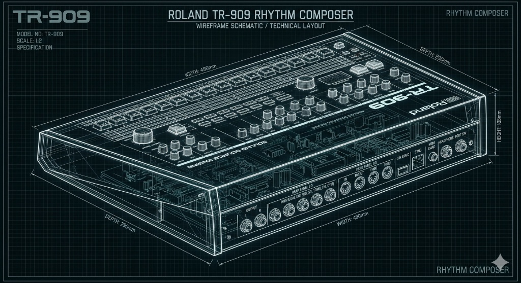technical wireframe render of a roland tr-909 rhythm composer.