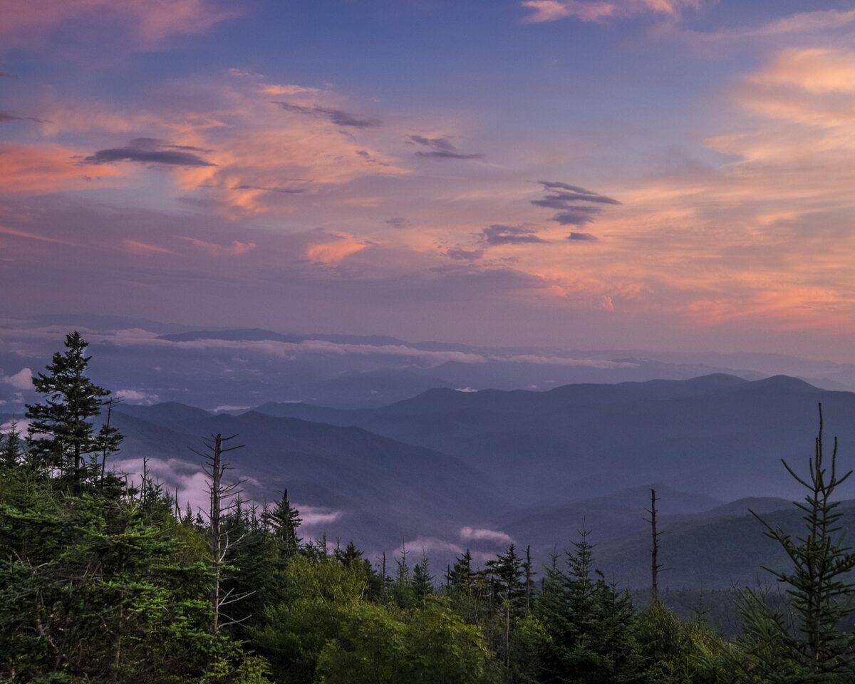 forested ridgelines fading into haze under a pink and violet dusk sky.